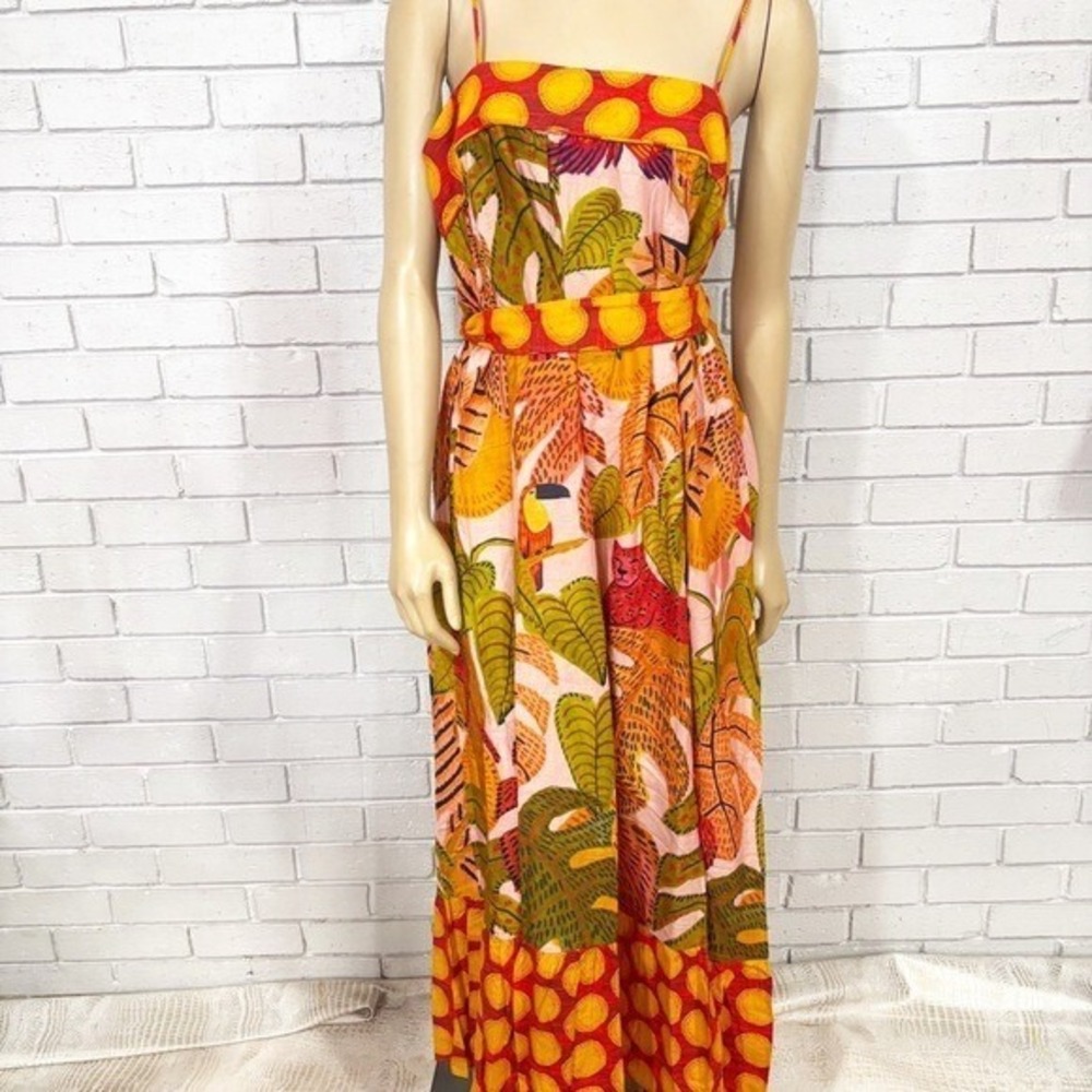 Farm Rio Summer Dream Ruffle  Print Maxi Dress Red Yellow Green |  Size Large - Picture 2 of 11